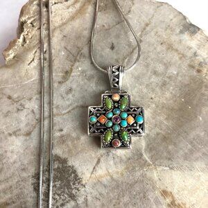 BARSE Sterling Silver 925 Multi Gemstone Equal Arms Cross Pendant Necklace 18"